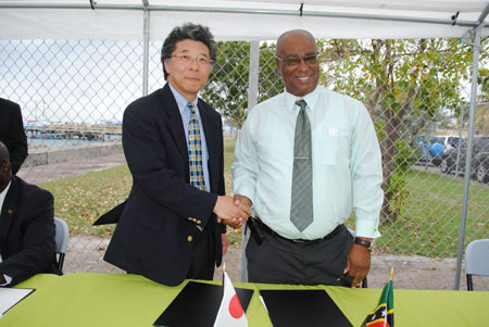 Premier of Nevis, Hon. Joseph Parry shaking hands with Japanese Ambassador-designate to St. Kitts and Nevis, His Excellency, Yoshimasa Tezuka